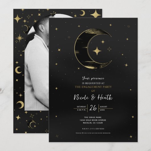 ブラック＆ゴールド モダン セレスティアル ムーン スター 結婚指輪 招待状 (正面/裏面)