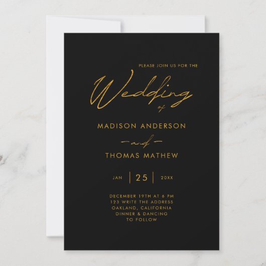 ブラック&ゴールド モダン タイポグラフィー 結婚式 RSVP 招待状 (正面)