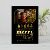 ブラック＆ゴールド モダン レトロ ドゥードル クリスマス フォト 箔シーズンカード (立ち正面)