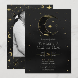 ブラック&ゴールド モダン 天体 月 星 結婚式 招待状