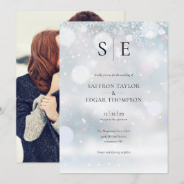ブラック＆ゴールド モノグラム フォト 冬の結婚式 招待状