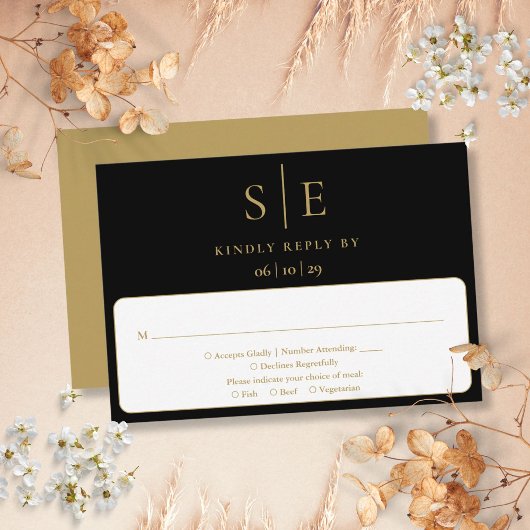 ブラック&ゴールド モノグラム ミニマリスト 結婚式 RSVP