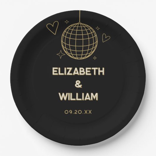 ブラック & ゴールド レトロ ディスコ グルーヴィー 70年代 ウェディング ペーパープレート (正面)
