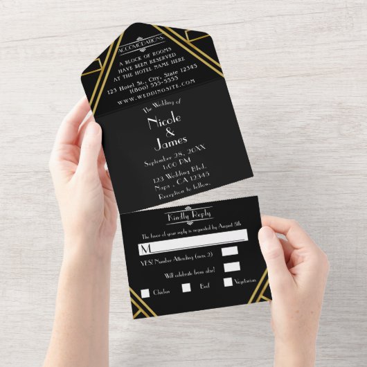 ブラック＆ゴールド レトロ ヴィンテージ 20's デコ ウェディング オールインワン招待状 (貼ってはがせる)
