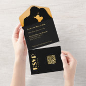 ブラック+ゴールド+結婚指輪+ オールインワン招待状 (貼ってはがせる)