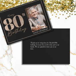 ブラック&ゴールド 高級感のあるラメ 80歳の誕生日フォト サンキューカード