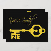 ブラック＆ゴールド 21歳の誕生日パーティー 鍵の招待状 招待状 (正面/裏面)