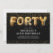 ブラック&ゴールド 40歳の誕生日バルーン 招待状 (正面)