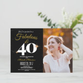 ブラック & ゴールド | 40歳 & ファビュラス 誕生日写真 招待状 (スタンド正面)