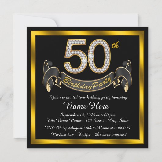 ブラック ゴールド 50歳の誕生日パーティー 招待状 (正面)