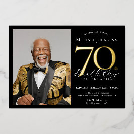 ブラック＆ゴールド 70歳の誕生日フォト 箔招待状