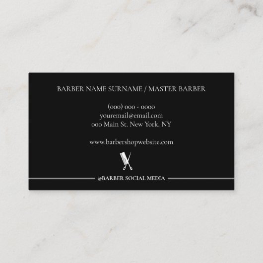 ブラック シザー ヘア コーム バーバー ショップ エレガント サロン 名刺 (裏面)