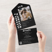 ブラック シック ボールド シンプル モノグラム フォト ウェディング オールインワン招待状 (貼ってはがせる)