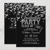 ブラック・シモダンルバー・グリッターの卒業パーティー・インビット 招待状 (正面/裏面)