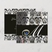 ブラック シャンパン シルク ダマスク モノグラム ブルー サファイア 招待状 (正面/裏面)