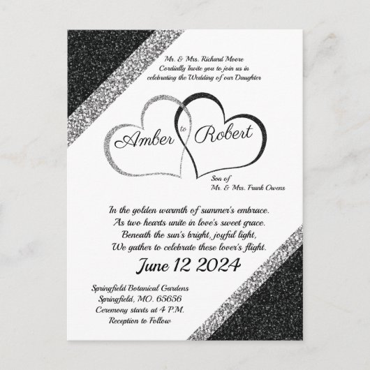 ブラック＆シルバーのウェディング招待状（ハートの詩付き） 案内ポストカード (正面)