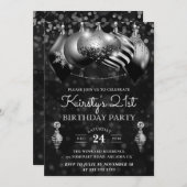 ブラック&シルバーのクリスマスバウブル21歳の誕生日 招待状 (正面/裏面)