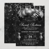 ブラック&シルバーのクリスマスバウブルSweet sixteen 招待状 (正面/裏面)