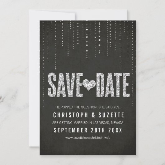 ブラック＆シルバーのグリッター風デザイン Save The Date セーブザデート (正面)