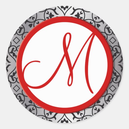 ブラック&シルバーのダマスクのレッド結婚・トリムのシール ラウンドシール (正面)