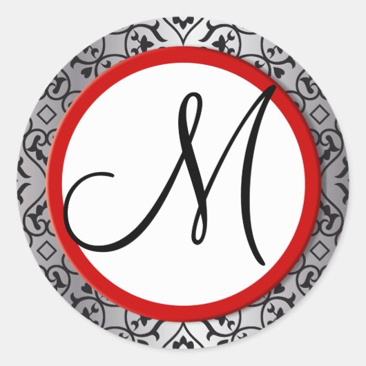 ブラック&シルバーのダマスクのレッド結婚・トリムのシール ラウンドシール (正面)