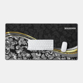 ブラック&シルバーのダマスク金ゴールドアクセント デスクマット (キーボード&マウス)