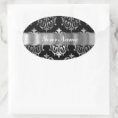 ブラック&シルバーのダマスク 楕円形シール (バッグ)