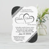 ブラック＆シルバーのハートの詩付きの結婚式招待状 セーブザデート (スタンド正面)