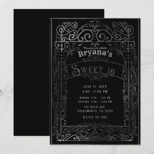ブラック＆シルバーのヴィンテージ ヴィクトリアンデコ スイート16 招待状