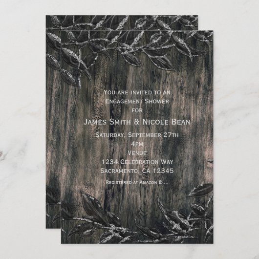 ブラック＆シルバーの葉 ダークエレガンス 招待状 (正面/裏面)
