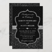 ブラック&シルバーアールデコ結婚グリッター 招待状 (正面/裏面)