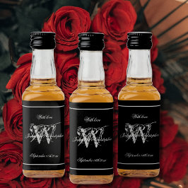 ブラック&シルバーエレガントモノグラムシック結婚ズミニ リキュールボトルラベル