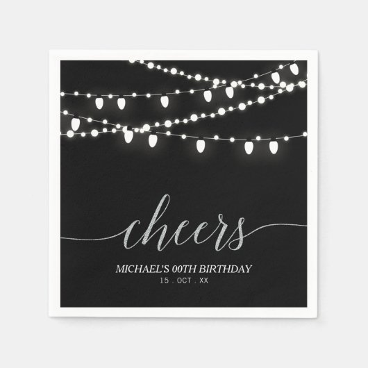 ブラック&シルバーエレガントライトアダルトバースデーパーティー スタンダードカクテルナプキン (正面)
