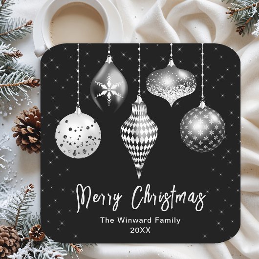 ブラック&シルバーオーナメントズメリークリスマス スクエアペーパーコースター