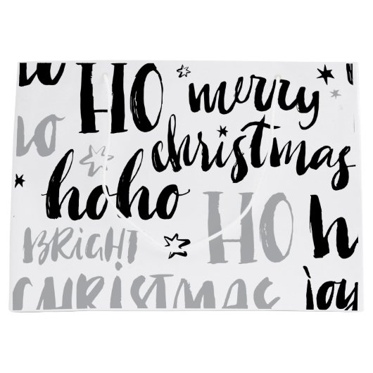 ブラック&シルバークリスマスワード文字アートかわいいアステス ラージペーパーバッグ (正面)