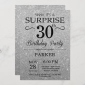 ブラック&シルバーグリッターサプライズ30歳の誕生日 招待状 (正面/裏面)