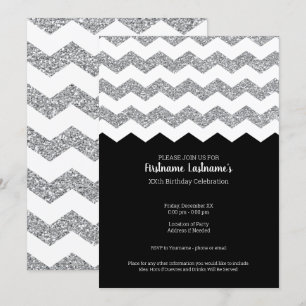 ブラック&シルバーグリッターシェブロンバースデーパーティー 招待状