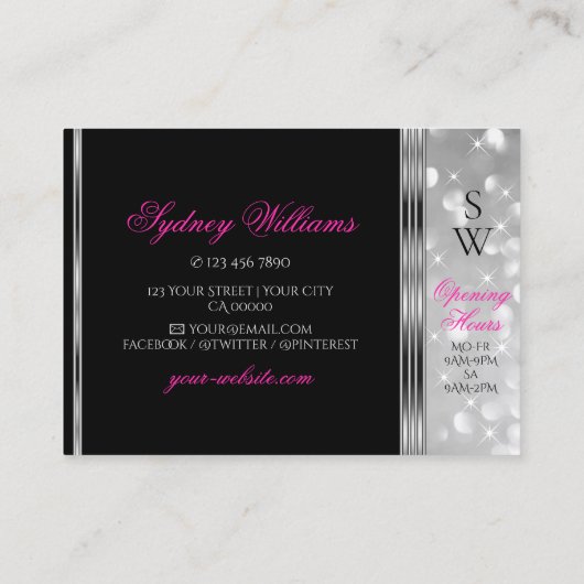 ブラック&シルバーグリッタースターズピンクフォントイニシャル 名刺 (裏面)