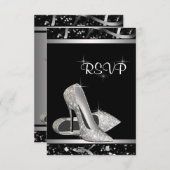 ブラック&シルバーグリッターハイヒールシューズRSVP 出欠カード (正面/裏面)