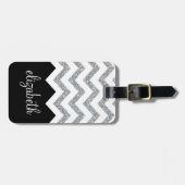 ブラック&シルバーグリッタープリントシェブロンと名前 ラゲッジタグ (正面横)