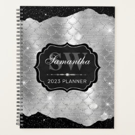 ブラック&シルバーグリッターマーメイドフィッシュスケールモノグラム プランナー手帳