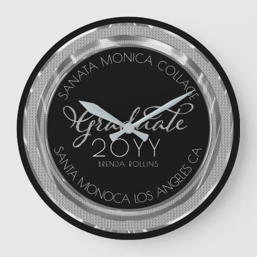 ブラック&シルバーグリッターモダンタイポグラフィ ラージ壁時計 (正面)