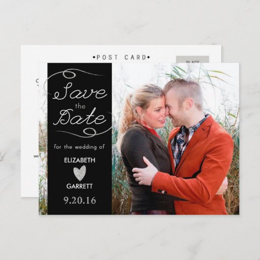 ブラック/シルバーグリッター日付はがきを保存 案内ポストカード (正面/裏面)