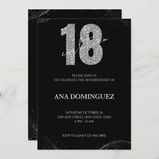 ブラック&シルバーグリッター18番目の誕生日招待状 招待状 (正面/裏面)