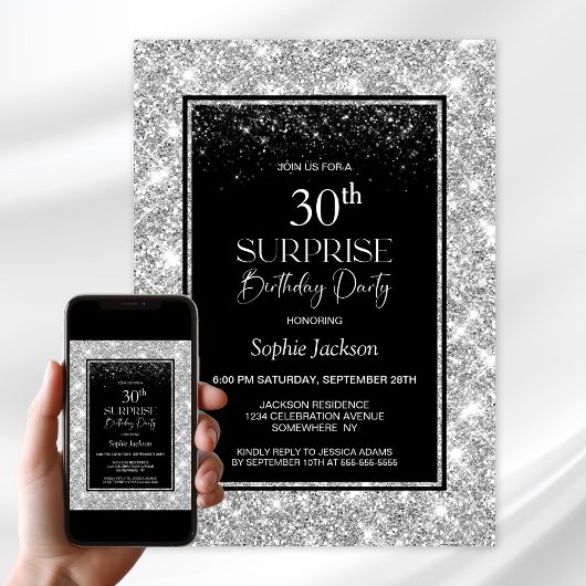 ブラック＆シルバーサプライズ30歳の誕生日パーティー 招待状