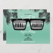 ブラック&シルバーサングラスティール(緑がかった色)スウィート16プールパーティー 招待状 (正面/裏面)