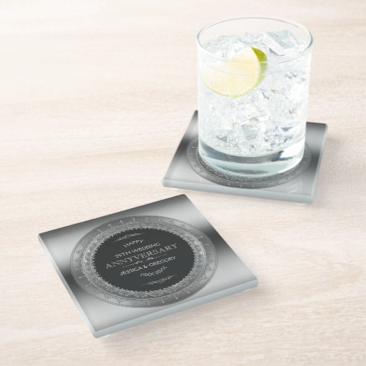 ブラック&シルバーサークルフレーム結婚25thデザイン ガラスコースター (アングル)
