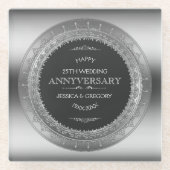 ブラック&シルバーサークルフレーム結婚25thデザイン ガラスコースター (正面)
