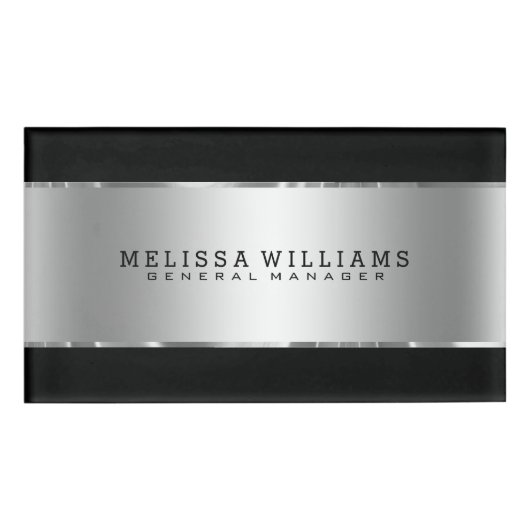 ブラック&シルバーストライプズ幾何モダンデザイン 名札 (正面)