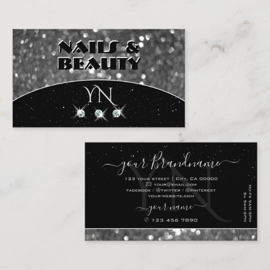 ブラック&シルバースパークルグリッターダイヤモンドモノグラム 名刺 (正面/裏面)